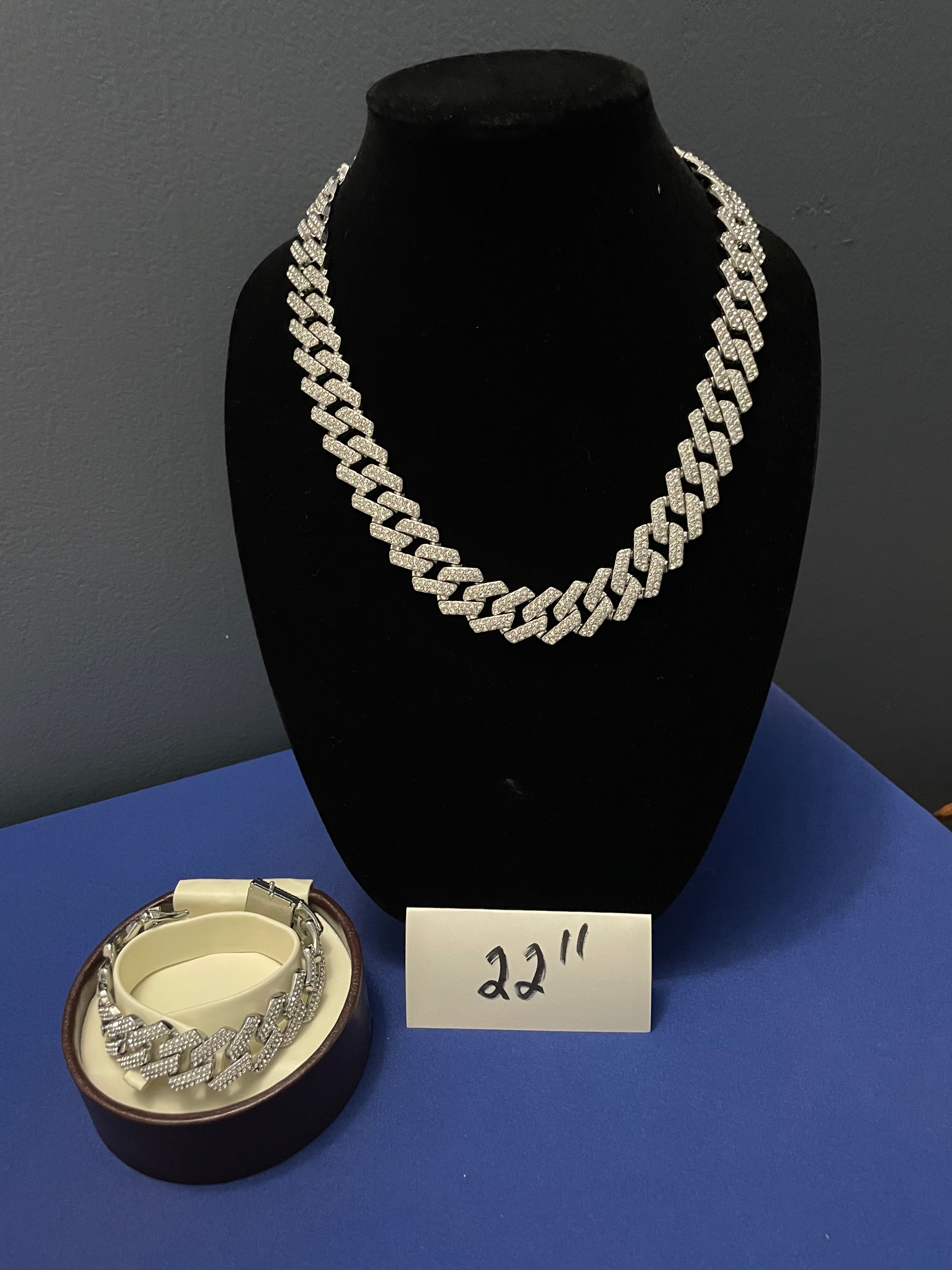 22 “inch silver iced out necklace with matching bracelet 